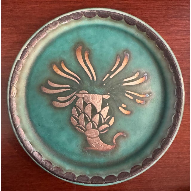 Mid-Century Modern Mid 20th Century Swedish Gustavsberg Argenta Art Pottery Coasters, Set of 5, Turquoise Glazed With Silver Floral Motifs For Sale - Image 3 of 8