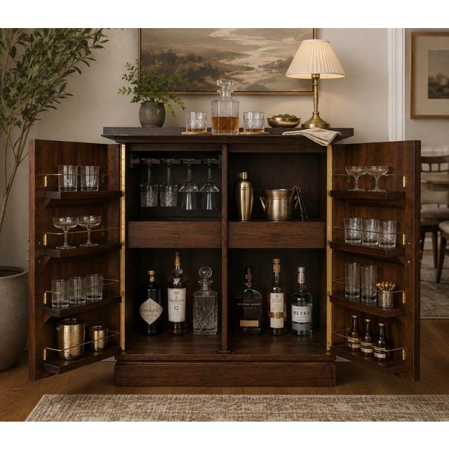 A rare and highly collected vintage Ricardo Lynn expanding cocktail cabinet featuring dramatic Brutalist-style geometric...