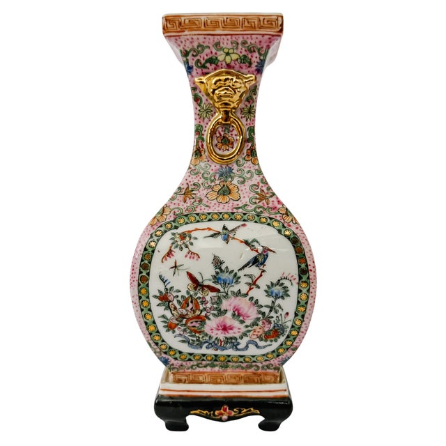 Rose Vintage Chinese Famille Rose Petite Square Baluster Vases With Removable Stands - Pair For Sale - Image 8 of 18