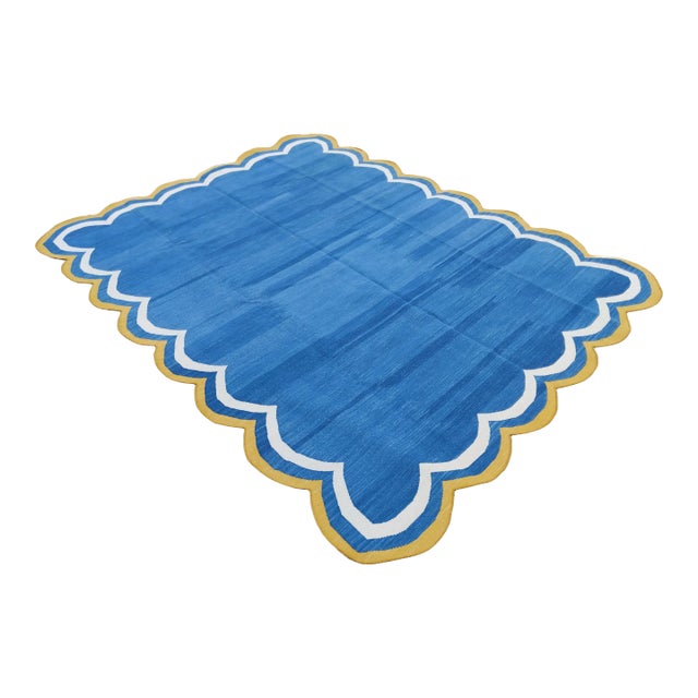 Handmade Cotton Area Rug Natural Vegetable Dyed Blue Scalloped Rug Yellow Border - 10'x14' For Sale
