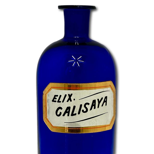 Blue Beautiful & Rare Large Size Antique Cobalt Blue Glass Elixer of Calisaya Apothecary Bottle Circa Mid 19th Century For Sale - Image 8 of 18