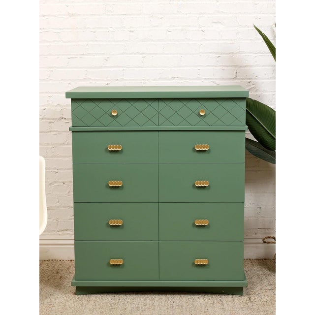 Mid-Century Modern Olive Green Mid-Century Highboy Dresser With Diamond Detail and Sculptural Pulls by Kent Coffey For Sale - Image 3 of 12