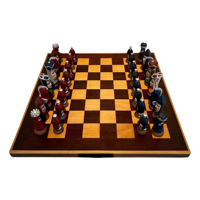 Chess Checker Board with Hand Crafted Ceramic Chess Pieces For Sale