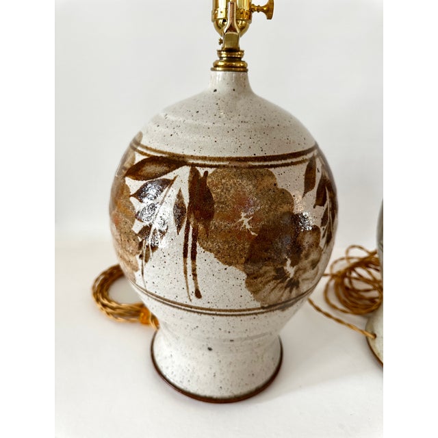 Beige 1970s Hand Thrown Stoneware Lamps With Floral Motif - a Pairf For Sale - Image 8 of 15
