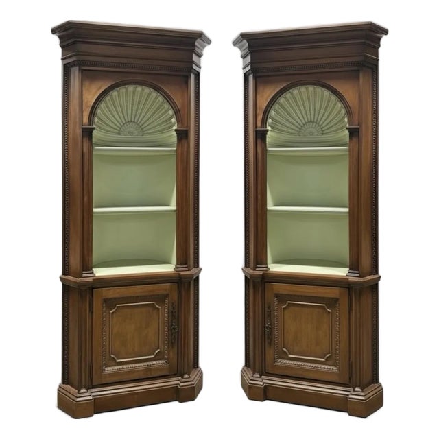 Large Scale English Georgian Style Fruitwood Corner Cabinets W/ Fan or Grotto Shell Form -Pair For Sale