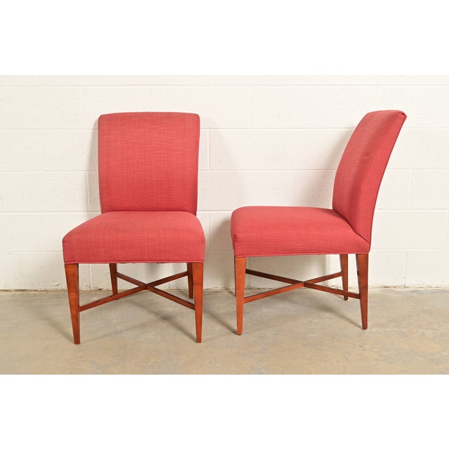 Baker Furniture Modern Regency Sycamore Wood Upholstered X-Base Side Chairs or Dining Chairs, Pair For Sale - Image 10 of 15