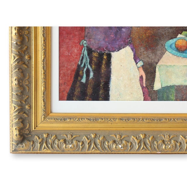 This intriguing French painting showcases a woman holding a candlestick while looking out into the night, with a still...