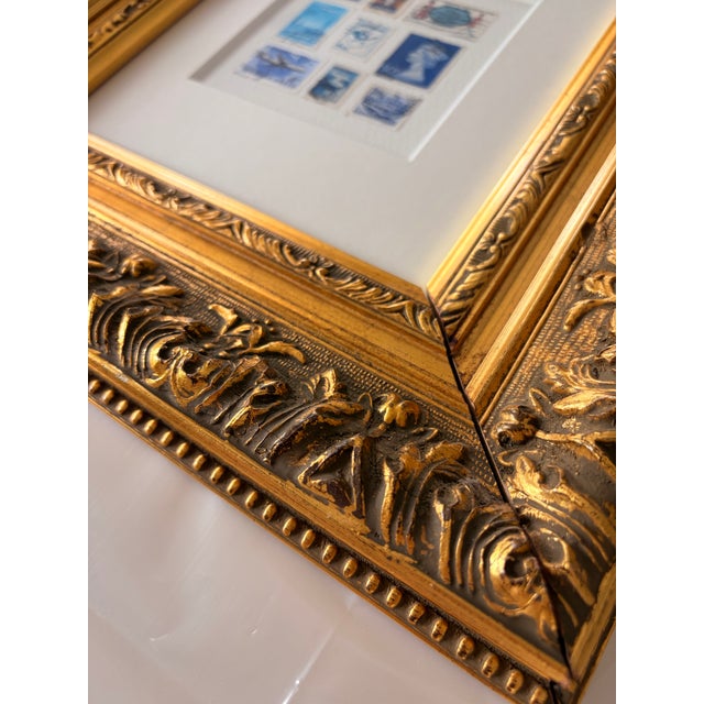 Gold Framed Vintage Postage Stamp Collage, Petites Couleurs: Bleu For Sale - Image 8 of 11