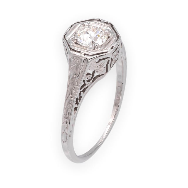 Art Deco Antique Art Deco 14k White Gold Diamond Engagement Ring, Size 4.75 For Sale - Image 3 of 12