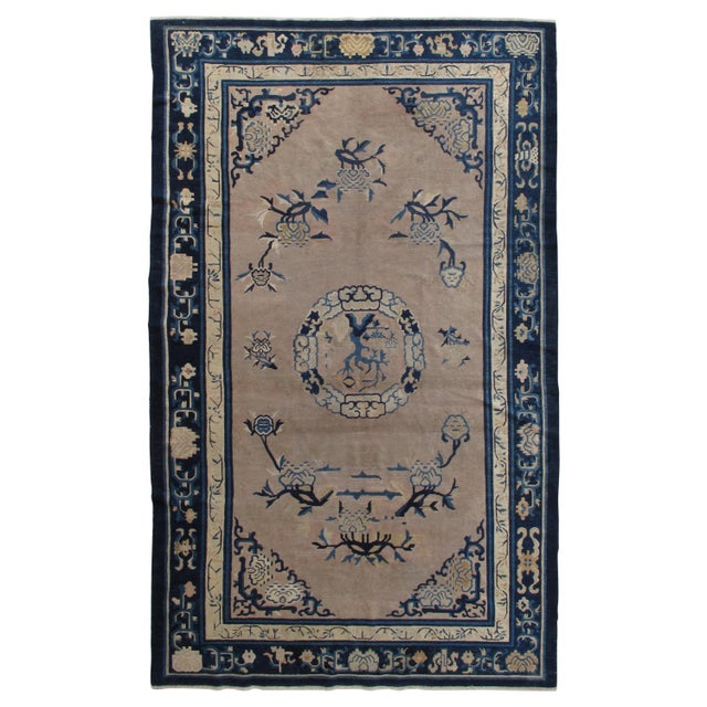 Navy Blue Antique Chinese Rug, Tan and Blue Oriental Handmade Wool Rug For Sale - Image 8 of 8