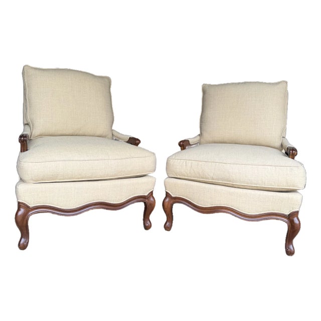 Pair of Vintage Hickory Chair Louis XV Bergère Armchairs – French Provincial Upholstered Accent Chair With Carved Wood Frame For Sale
