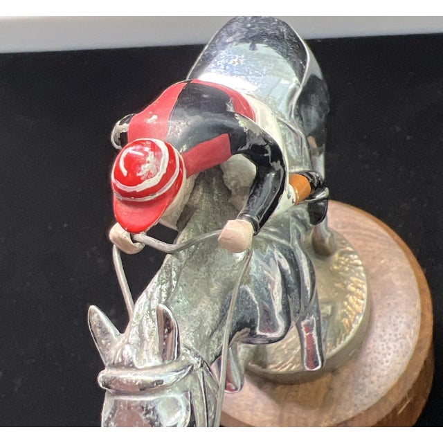 Mid 20th Century Lejeune Chrome Newmarket, Galloping Thoroughbred Racehorse W/ Black/ Red Enamel Jockey For Sale - Image 5 of 10