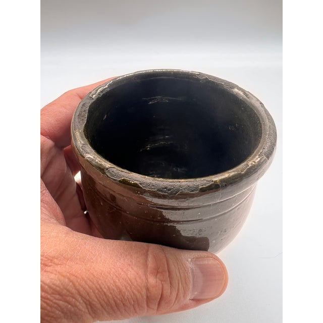 Green A Rare Green Glazed Small Antique Pennsylvania Folk Art Redware Storage Crock, 1850's For Sale - Image 8 of 17