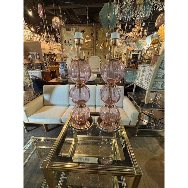 Metal Murano Lavender Ball Lamps - a Pair For Sale - Image 7 of 8