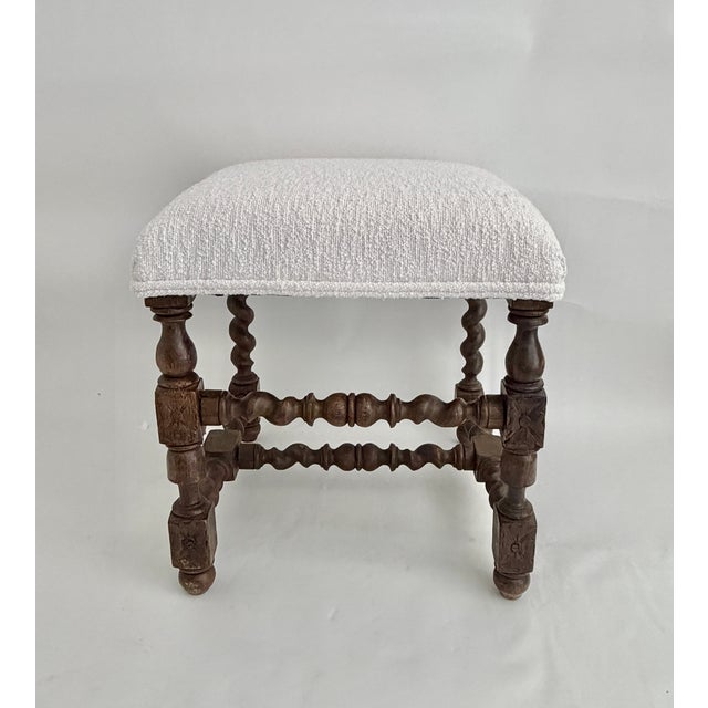 19th C French Louis XIII Style Walnut Stool W/ New Boucle Textile For Sale - Image 15 of 15