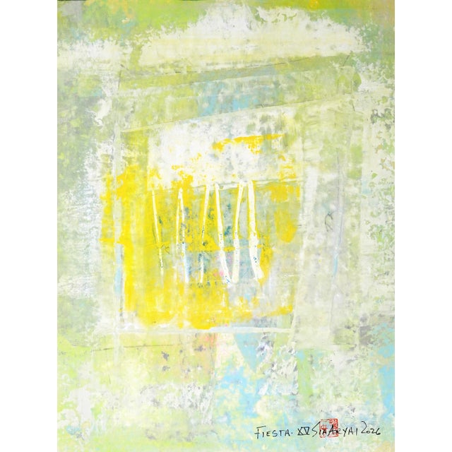 Fiesta. XV WHite Framed surreal shades of yellow, blue and green painting Abstract surreal painting in calming light...