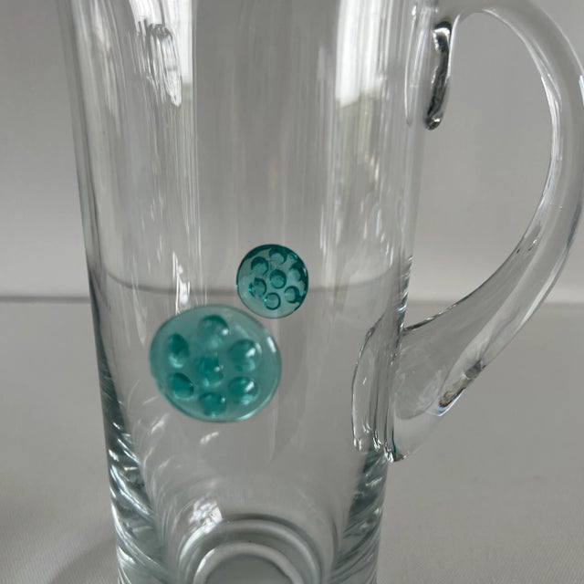 Mid-Century Modern Mid-Century Modern Hand-Blown Cocktail Pitcher With Teal Blue Medallion Trim For Sale - Image 3 of 9