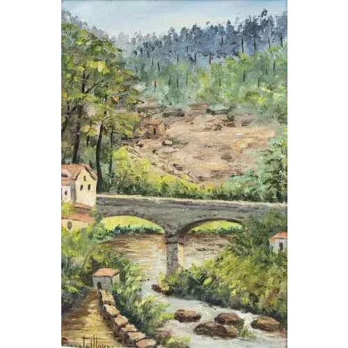 "Landscape with figures". Oil on platex. Signed. Dimensions: 21 x 30 cm.