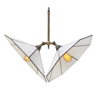 Art Deco Brass and White Stained Opaline Glass Pendant Lamp For Sale