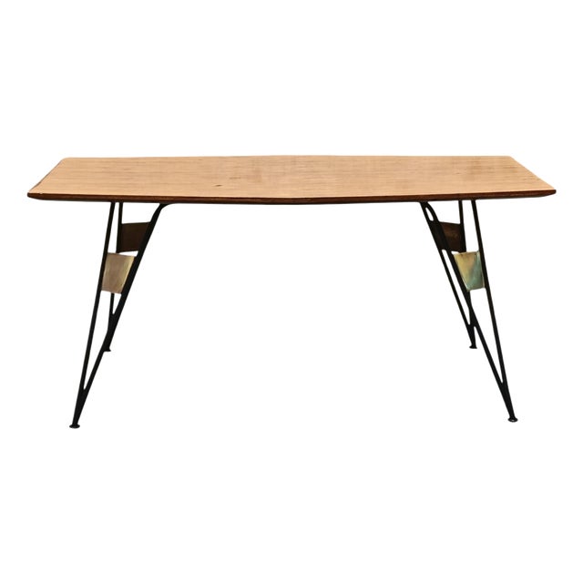 Wooden Coffee Table with Contoured Top, Black Metal Frame, and Brass Accents attributed to Isa Bergamo, Italy, 1950s For Sale
