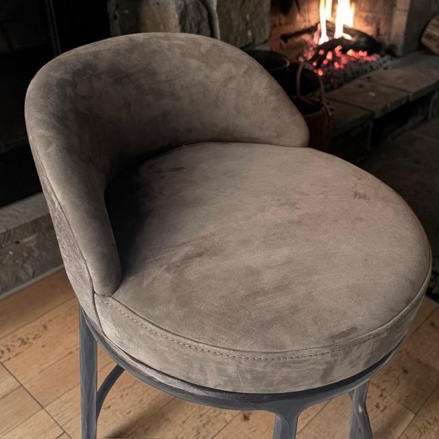 4 Restoration Hardware Rh Thaddeus Italian Truffle Veneto Leather Swivel Barstools For Sale - Image 9 of 9