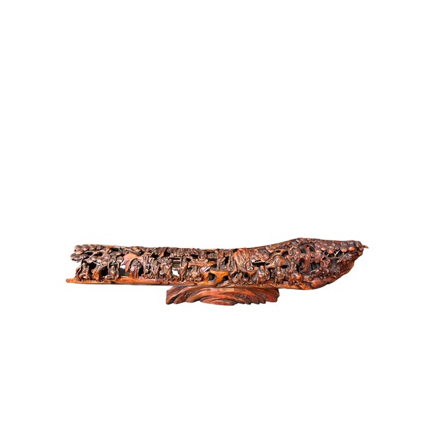 Asian Vintage Bamboo Curved Boat Depicting the 18 Lohan Arhats Art Figure For Sale - Image 3 of 9