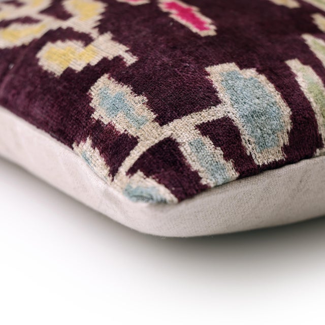 Textile Luxury Handwoven Silk Velvet Ikat Pillow 20x20 Inch – Burgundy & Soft Pastel For Sale - Image 7 of 8