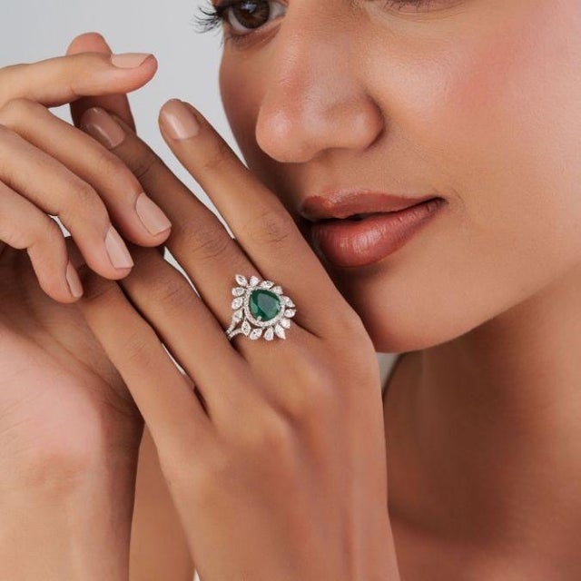 Luxury 2.24Ct Natural Emerald & 1.91Ct Diamond Halo Cocktail Ring Size 7 in 18k Gold For Sale In New York - Image 6 of 16