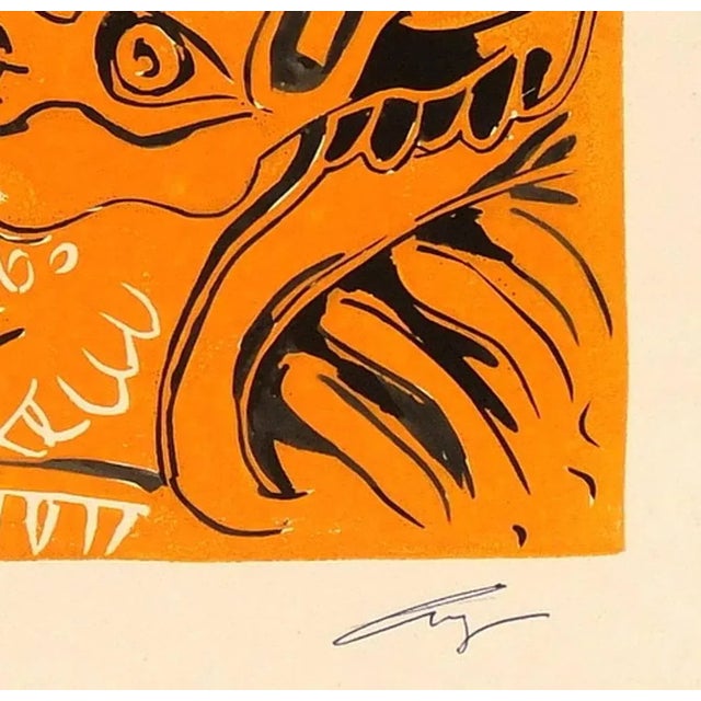 Impactful abstract monotype of abstract figures in black over a bright orange background, circa 1960. Signed lower right....