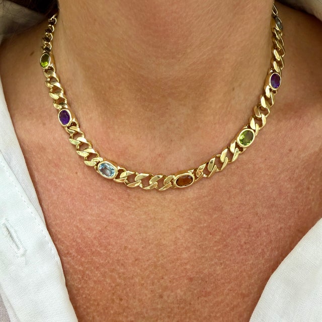Gold Vintage 14k Yellow Gold 11.98ctw Multi Gem Rainbow Curb Link Chain Necklace For Sale - Image 8 of 8