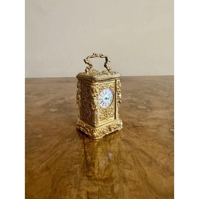 Antique Victorian Ornate Brass Miniature Carriage Clock, 1890 For Sale - Image 4 of 7