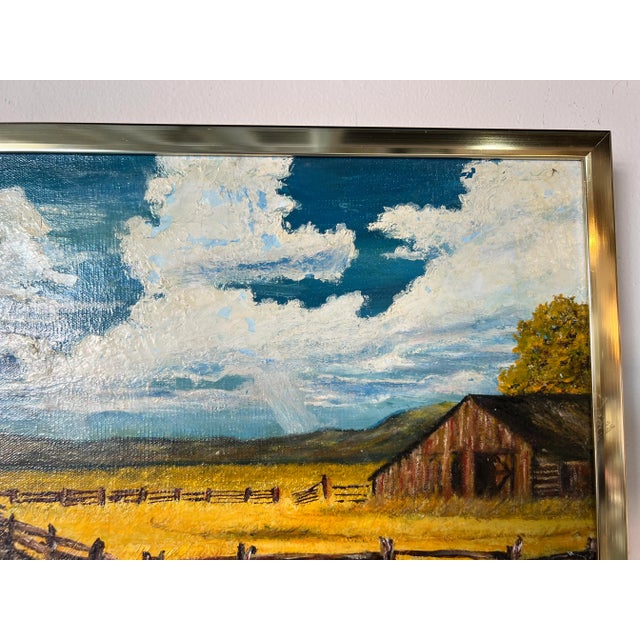 Yellow 1970's Schafer Autumn Barn Landscape Oil Painting For Sale - Image 8 of 13