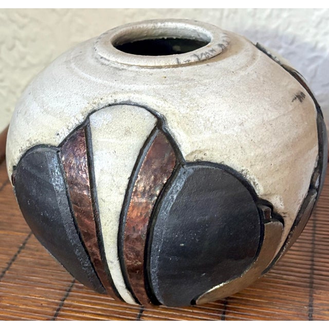 1980s studio made Raku Art Deco pottery vase. Signed Nancy April by noted Hudson Valley ceramicist. A beautiful...