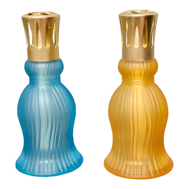 Pair of Vintage Lampe Berger Paris Fragrance Lamps – Blue & Amber Glass For Sale