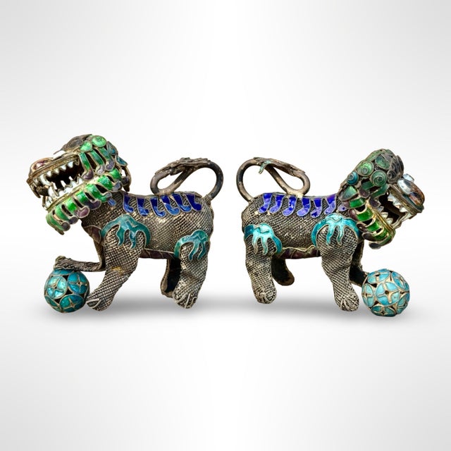 Chinese Antique Chinese Enamel Foo Dogs - Gilt Copper Filigree Temple Guardian Lions - Pair For Sale - Image 3 of 9