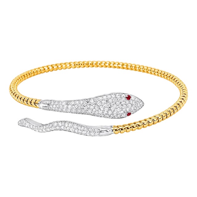 Mid 20th Century 14k Yellow Gold Diamond Ruby Snake Bangle Bracelet Estate For Sale