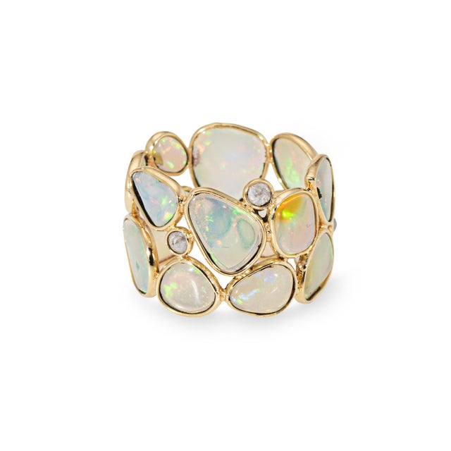 Contemporary Opal Diamond Wide Band Ring Sz 6.5 18k Yellow Gold Mosaic Statement Jewelry For Sale - Image 3 of 5