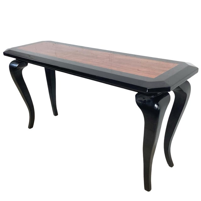 Wood Vintage Postmodern Black Lacquer Console Table | Sculptural Leg Sofa Table For Sale - Image 7 of 18