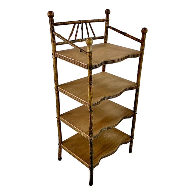 Antique Victorian English Chinoiserie Ball & Stick Scorched Bamboo Etagere - 4 Shelves. For Sale