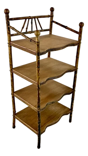 Antique Victorian English Chinoiserie Ball & Stick Scorched Bamboo Etagere - 4 Shelves