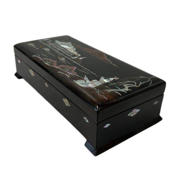 Asian Antique Vintage 1957 Korean Najeonchilgi Black Lacquer Presentation Smoking Box With Brass Ashtray For Sale - Image 3 of 6