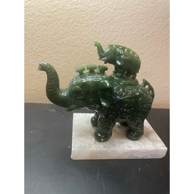 1940s Exquisite Asian Carved Natural Jasper Jade 7” Trunk Up Elephant W/ Baby Elephant Symbol of Peace, Prosperity & Wisdom For Sale - Image 4 of 12