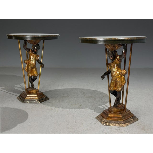 18th/19th c. Italian, Venetian Blackamoor Side Tables or Gueridons, Painted Wood, Marble, Iron Rare and Important pair of...