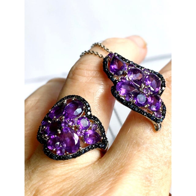 Amethyst & Black Sapphire Statement Necklace and Ring Set in Sterling Silver | Italian Roma Chain | Art Deco–Inspired Elegance For Sale - Image 10 of 10