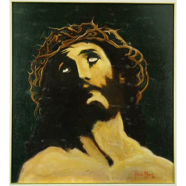 Beautiful painting, oil on canvas, depicting the face of Jesus Christ with a crown of thorns, framed in a beautiful, large...