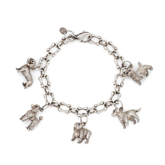 Modern 80s Vintage Tiffany & Co Dog Charm Bracelet Bone Links Sterling Silver 7.5" For Sale - Image 3 of 6