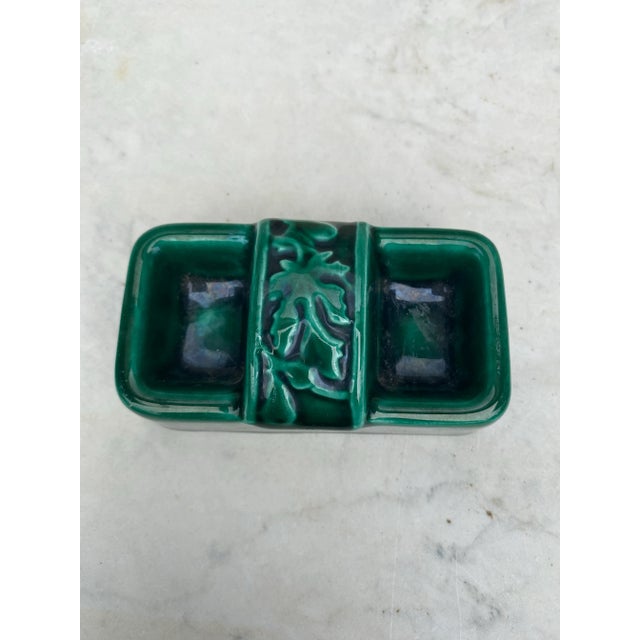 Mid-Century Green Majolica Salt Cellar with leaves Vallauris.