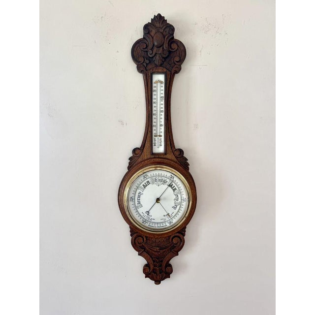 Antique Edwardian Carved Oak Aneroid Barometer, 1900s For Sale - Image 6 of 7