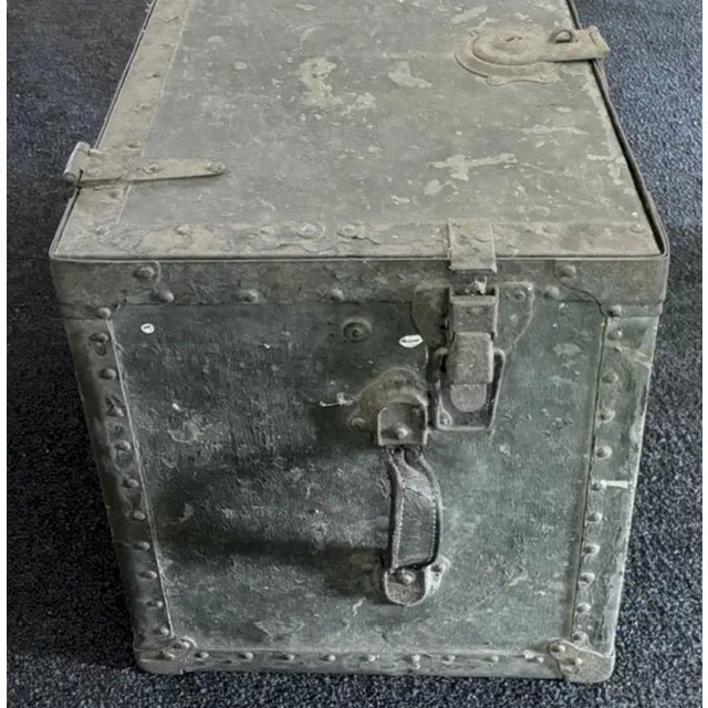 Early 20th Century Old American Metal Trunk With Leather Handles and Wood Interior For Sale - Image 5 of 6