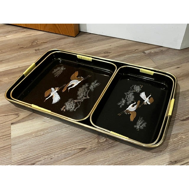 Set of 3 Mid 20th Century Japanese Maki Style Black Lacquer Effect Resin Two Trays Gold Painted Cranes For Sale - Image 12 of 13